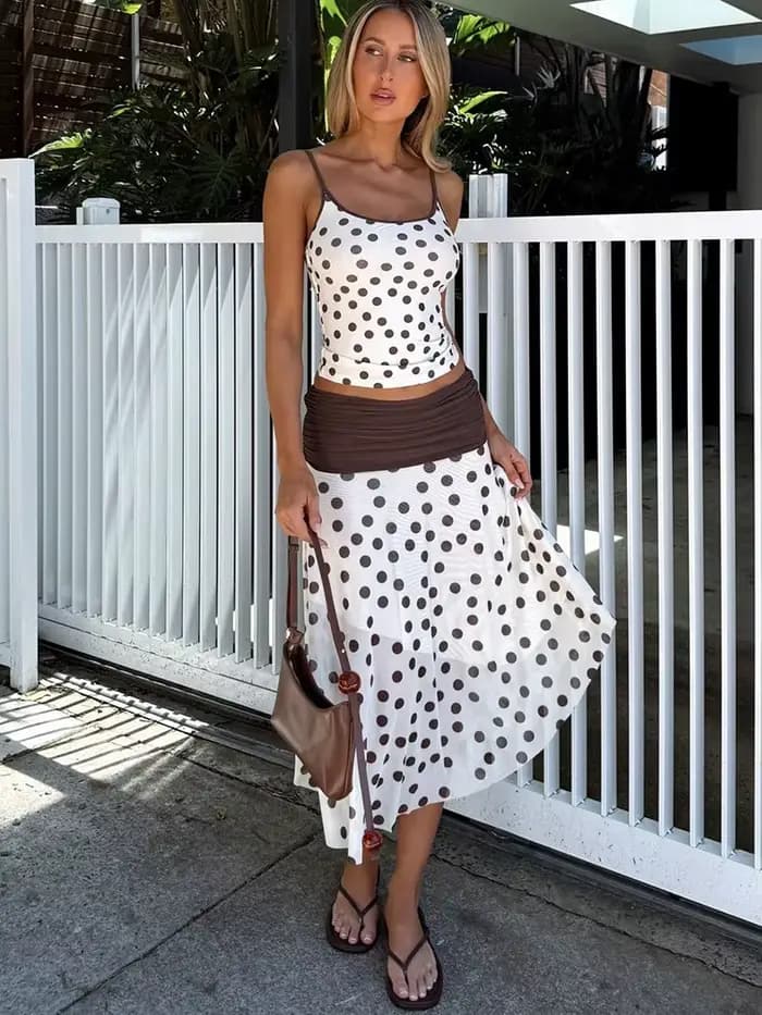 Nibber Beach Party 2 pièces ensemble femmes col bas maigre Camisole + plis jupes Patchwork à pois im