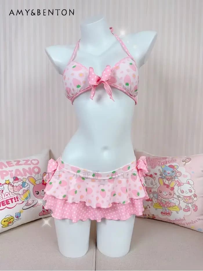 Kawaii dessin animé fraise imprimé deux pièces jupe maillot de bain mignon princesse Style Bikini ma