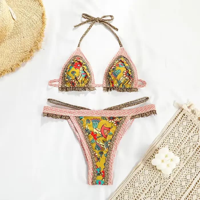 2025 nouveau Bikini Sexy femmes imprimer ensemble de Bikini brésilien licou dos nu maillot de bain B