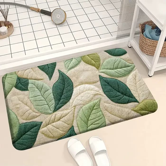 Tapis de bain à motif de feuilles vertes, tapis antidérapant en flanelle douce, pour salle de bain, 