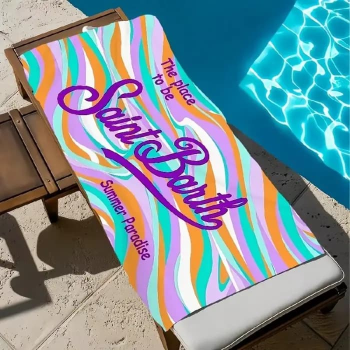 Serviette de plage Saint Barth rayée violette et blanche, motif lettres Summer Paradise, séchage rap