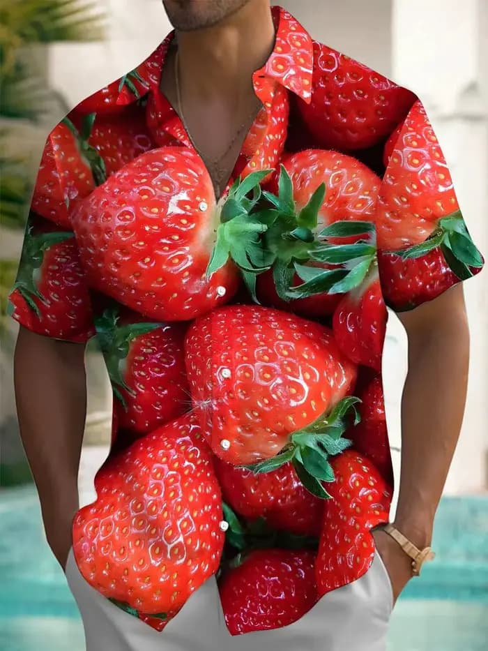 Chemise hawaïenne à manches courtes pour hommes, imprimé fruits fraises, tissu en Polyester, adapté 