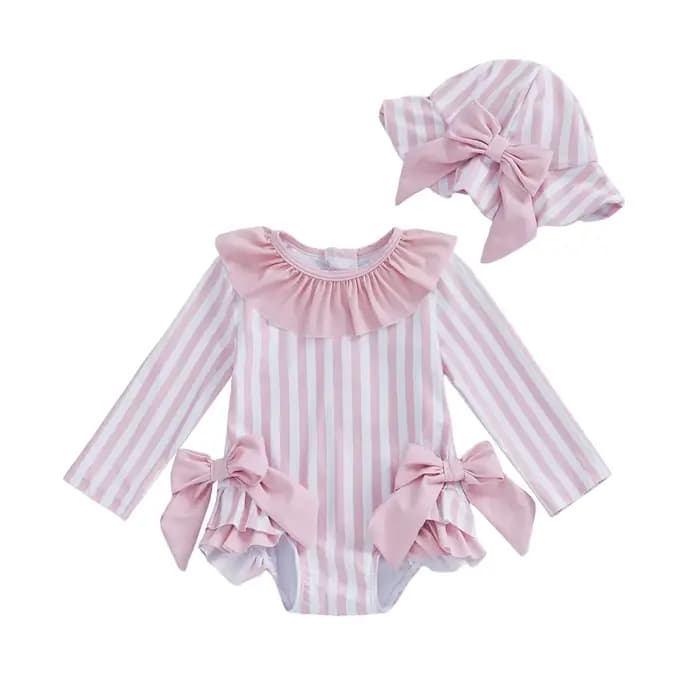 Maillot de bain pour bébés filles, Bikini à nœud rayé avec chapeau, maillot de bain pour nouveau-né 