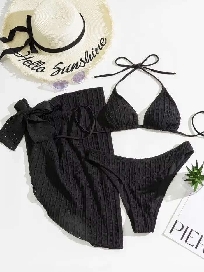 Bikini Halter 3 Pièces Femme en Matière Spéciale, Maillot de Bain String Sexy avec Jupe Sarong, Tenu