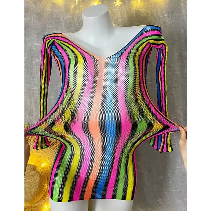 1 pièce Robe de plage moulante pour femme, style résille, transparente et ajourée, à manches longues