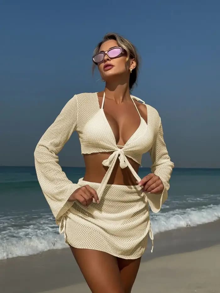 Été 4 pièces Bikini ensemble 2025 femmes Sexy noir à manches longues couvrir et jupe maillot de bain
