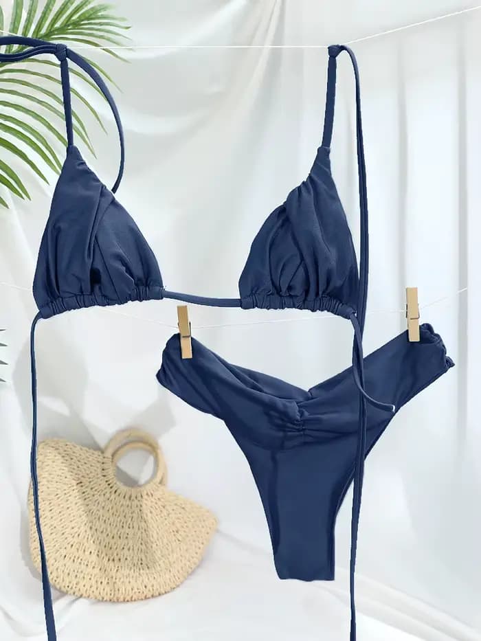 Sexy plis Bikini ensemble solide Micro Bikinis femmes maillot de bain femme Triangle maillots de bai