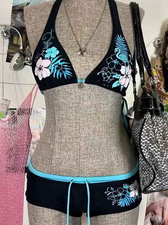 Vintage fleur imprimé Cutie ensemble Bikini 2000s maillot de bain Sexy femmes bain mode licou maillo