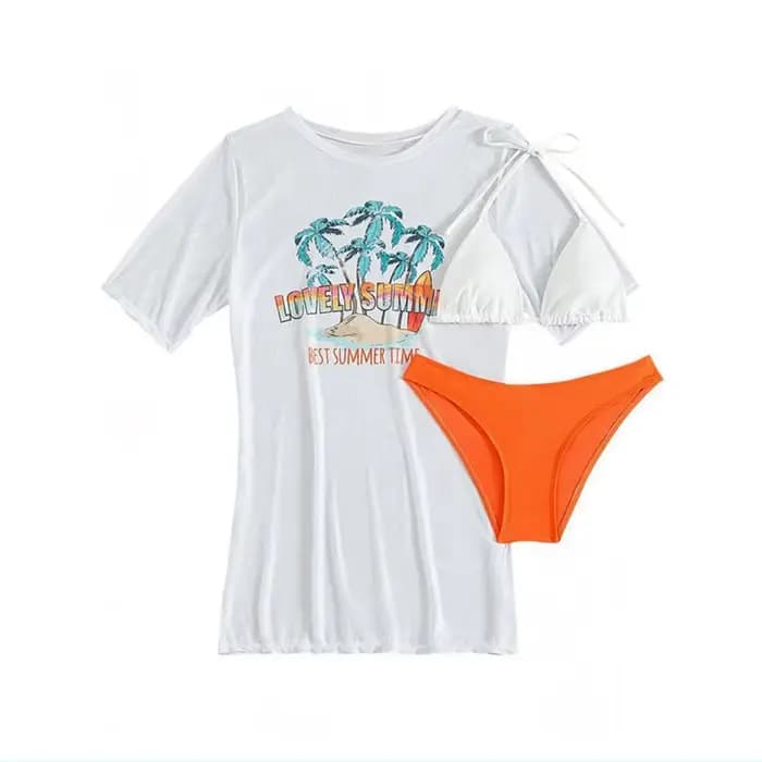 2025 Bikini 3 pièces femmes Sexy solide string Bikini ensemble + imprimé manches courtes couvrir noir/rose/Orange/jaune/bleu vêtements de plage