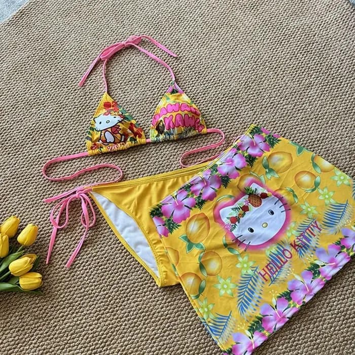 Maillot de bain sexy Hello Kitty japonais Kawaii pour femme, bikini d'été à bretelles fendues, mode plage et resort, motif dessin animé