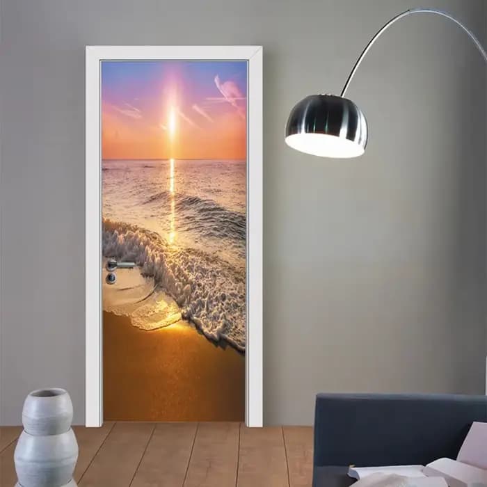 Autocollant Mural de porte 3D vue sur la mer plage, papier peint auto-adhésif en PVC bleu ciel, paysage d'été, couverture complète de porte pour réfrigérateur