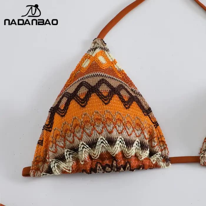 Nadanbao Sexy tricot imprimé fleuri Bikini ensembles maillots de bain femmes marron dos nu mode maillot
