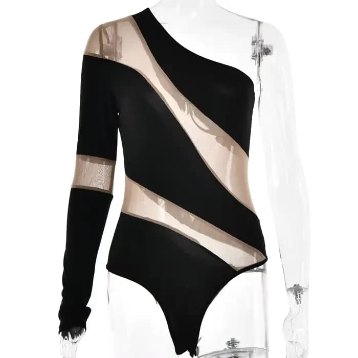Sexy une épaule maillot de bain Transparent femmes Vintage maille Patchwork ventre contrôle une pièce