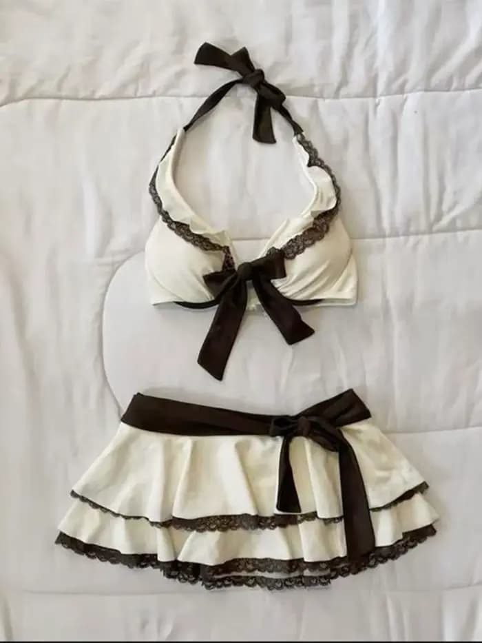 Ensemble bikini jupe beige d'été avec dentelle et nœud, style Y2K, mignon et tendance, pour la plage, la piscine, les vacances, maillot de bain féminin