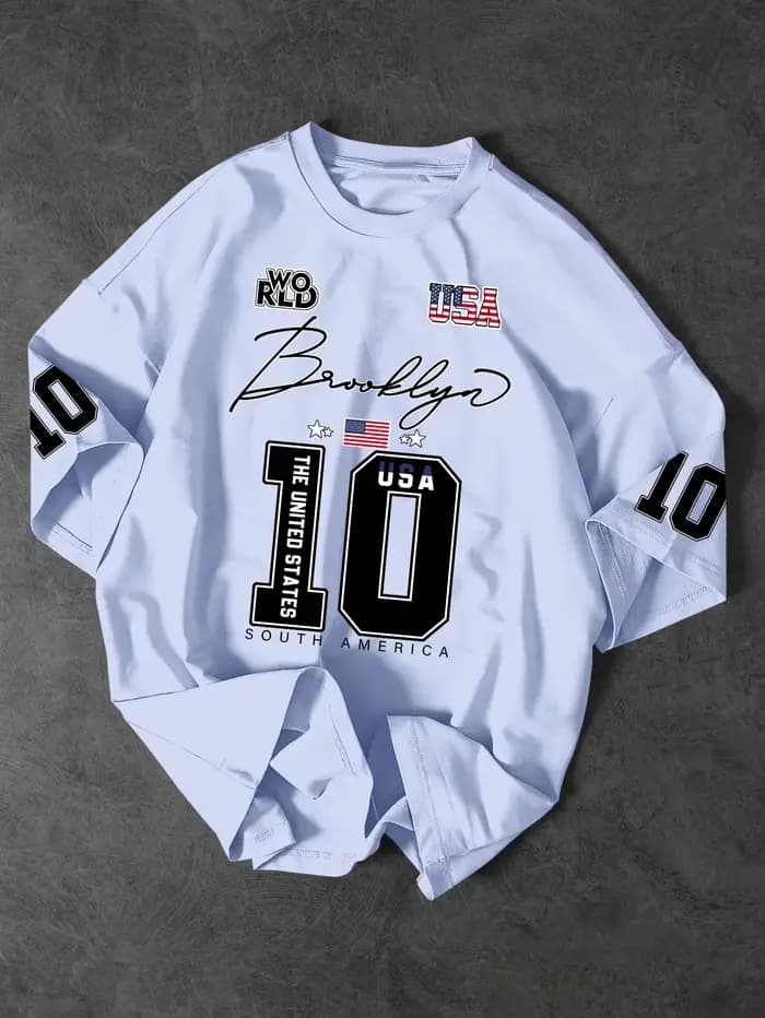 T-shirt surdimensionné à imprimé style Brooklyn USA 10, streetwear pour hommes, tee-shirt vintage en jersey