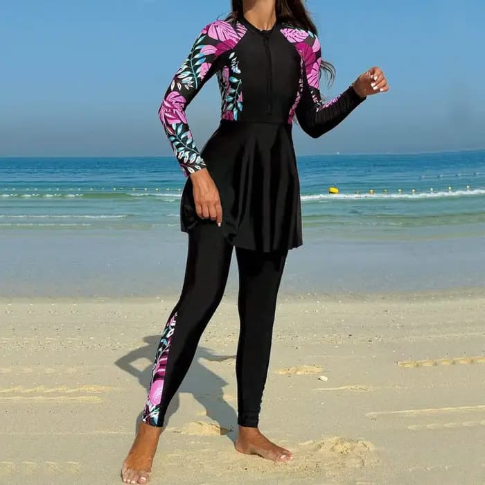 Burkini Femme Maillot de Bain Manches Longues Tunique Noire Legging Complet Fermeture Éclair Avant Protection Solaire Deux Pièces