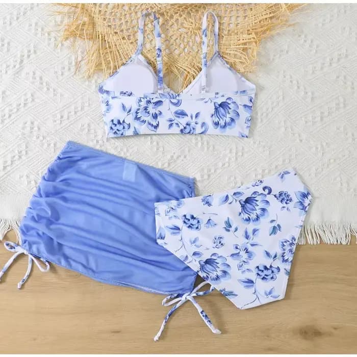 Nouvel ensemble trois pièces pour filles 2026 : Maillot de bain bikini avec jupe en mousseline pour l'été et la plage