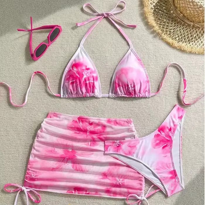 Sexy 3 pièces ensemble Bikini femmes imprimé maillot de bain fendu sangle de cou