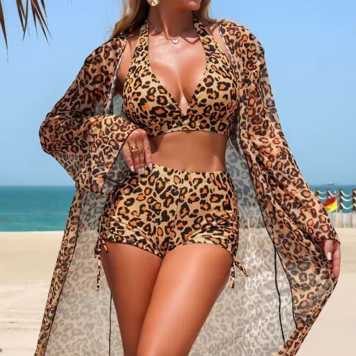 Léopard Sexy Bikinis femme maillots de bain femmes trois pièces
