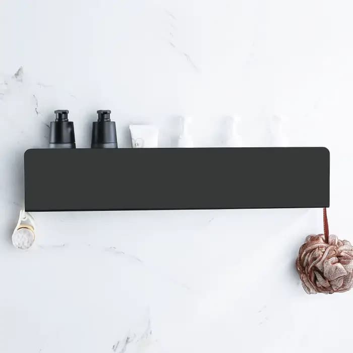 Étagère de rangement de salle de bain noire avec crochets, étagères de décoration de cuisine en aluminium sur le mur, support de rangement de douche, support mural