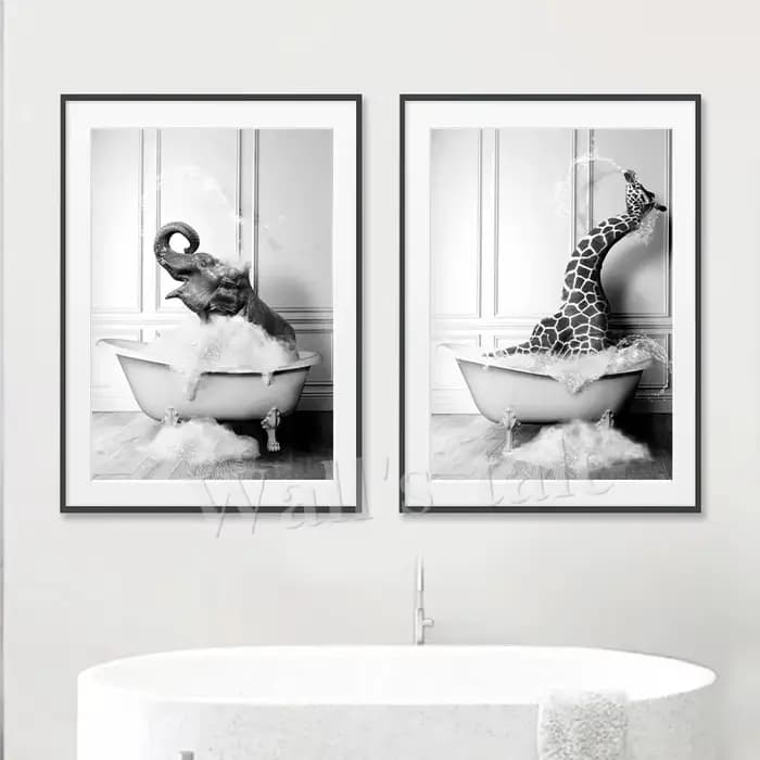 Animaux noir et blanc salle de bains Photo mur Art photos girafe éléphant affiches amusantes toile peinture impressions décor de salle de bains