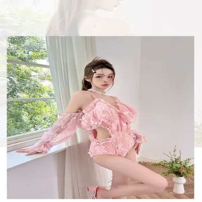 Maillot de bain une pièce rose, Sexy, avec dentelle, manches longues, nœud papillon, détails à volants, doux et mignon, costume pour femmes, à la mode