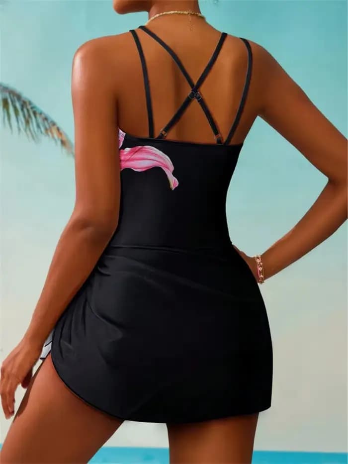 Vintage jaune Lily imprimé fleuri une pièce maillot de bain femmes Double sangle col en V vacances mince ventre