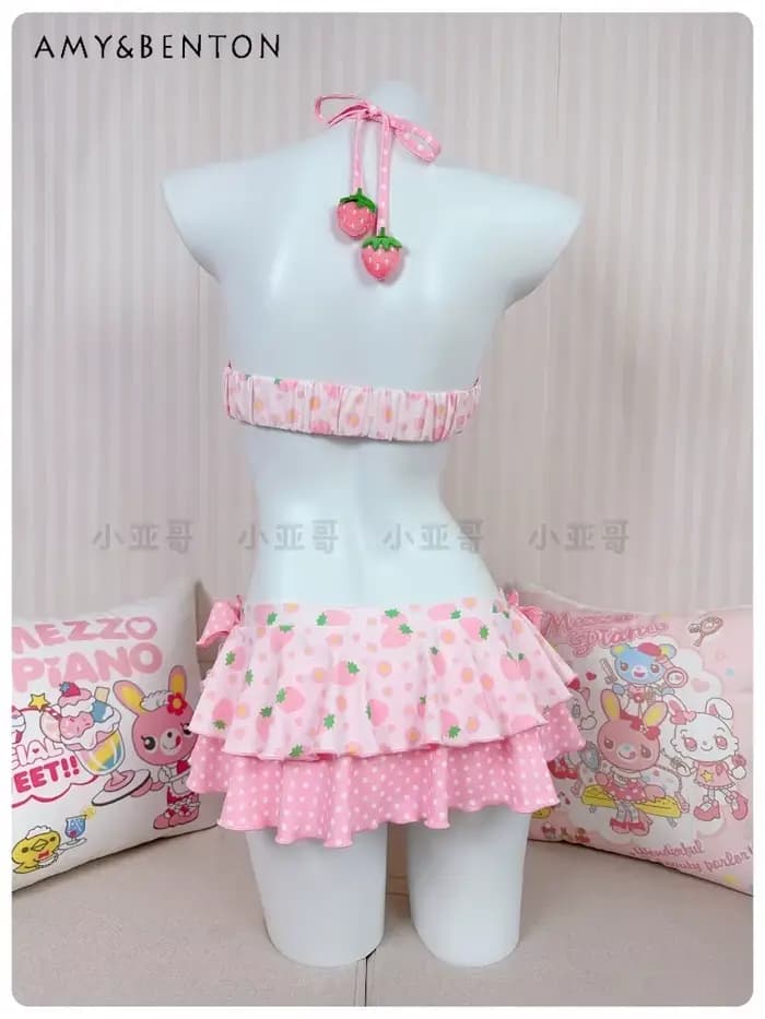 Kawaii dessin animé fraise imprimé deux pièces jupe maillot de bain mignon princesse Style Bikini