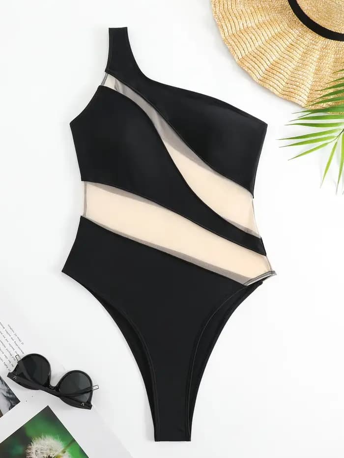 Sexy une épaule maillot de bain Transparent femmes Vintage maille Patchwork ventre contrôle une pièce