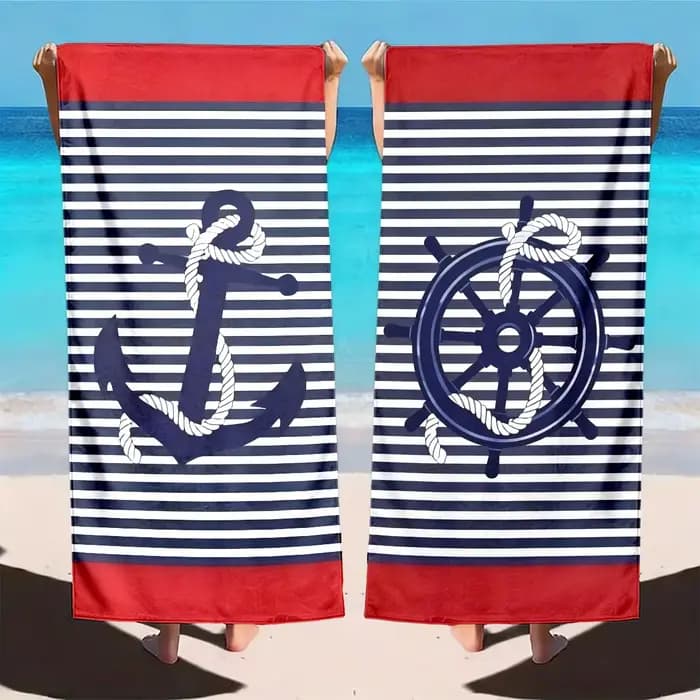 2 serviettes de plage à séchage rapide, motif ancre nautique et roue de bateau, serviettes de bain surdimensionnées sur le thème côtier pour les vacances d'été