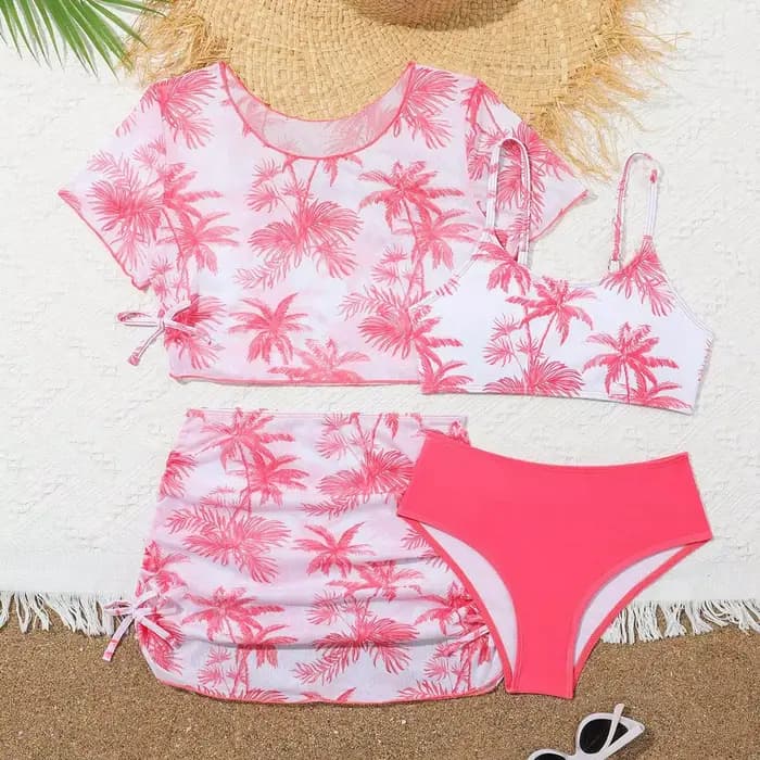 Ensemble de bikini 4 pièces pour filles, maillot de bain imprimé palmier de coco, avec jupe de plage et haut court à manches courtes, maillot de bain pour adolescentes