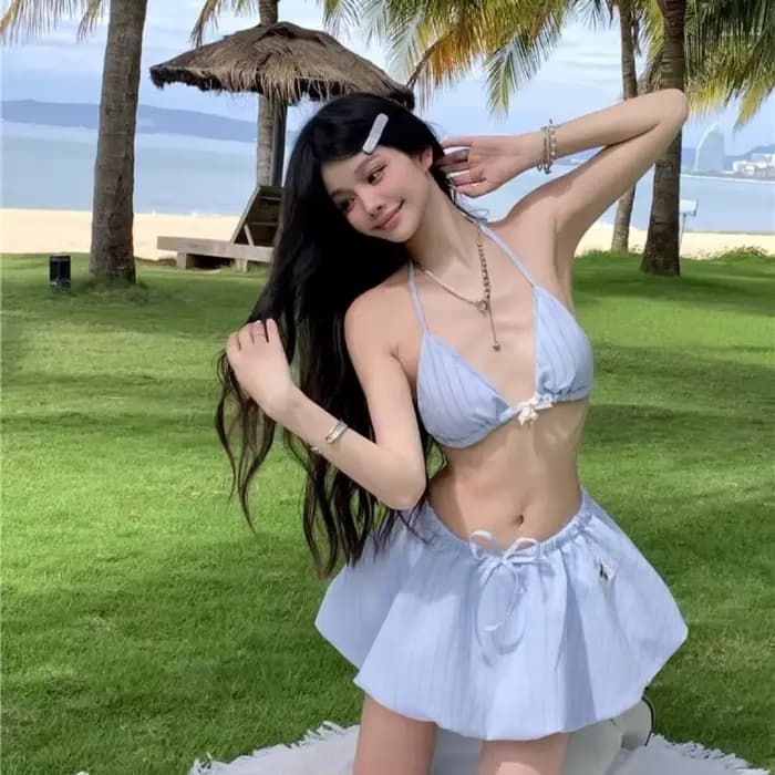 Bikini rayé pur avec magnifique palette de couleurs aquatiques pour filles, maillot de bain haut de gamme style vacances, ensemble deux pièces Pure Desire