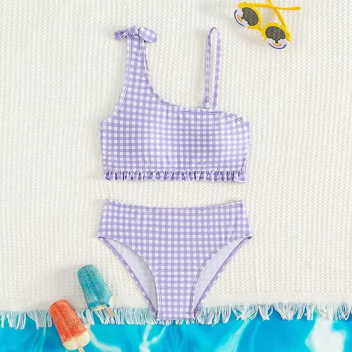 Nouveau été enfants maillot de bain fendu pour filles Bikini ensembles 5-14 ans taille haute violet Plaid fille maillots de bain maillot de bain