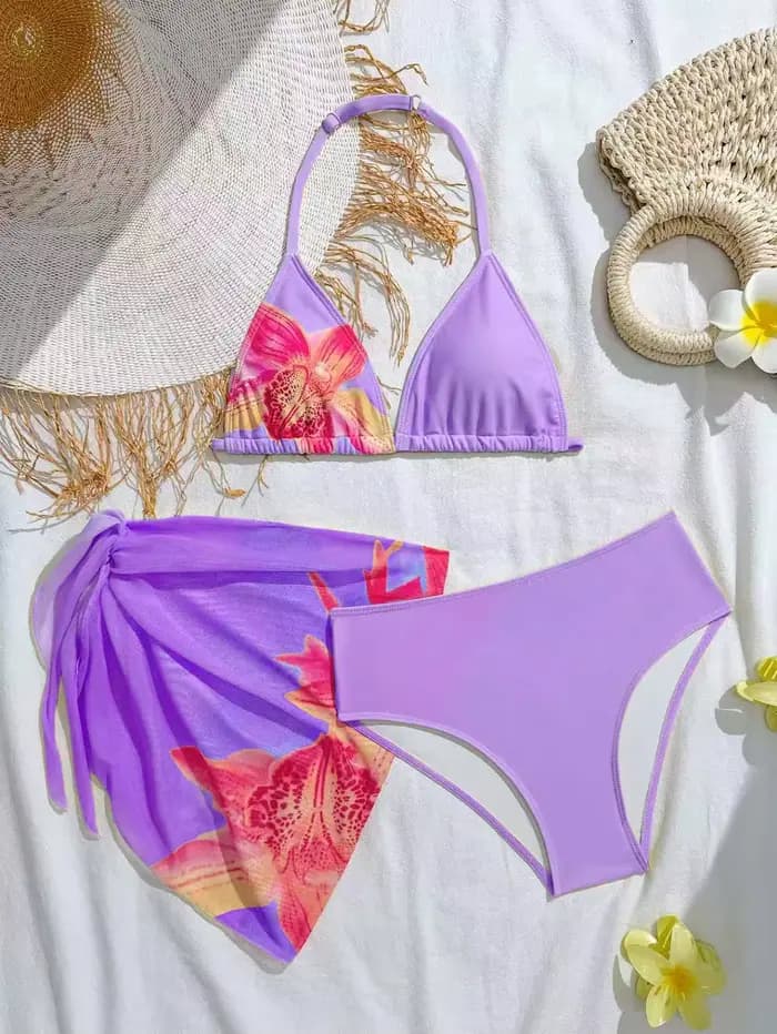 Maillot de bain halter 3 pièces imprimé pour filles 2026 – Bikinis et tenues