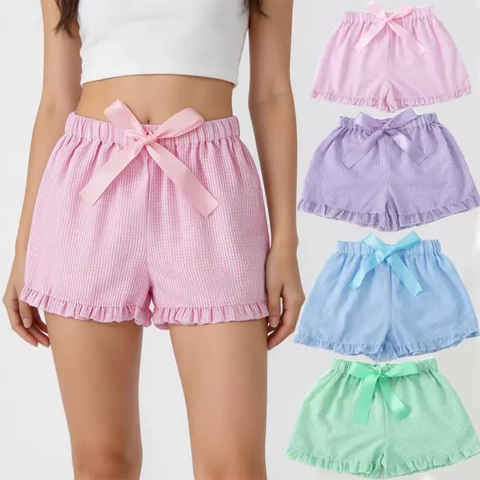 Shorts en seersucker pour femmes, shorts roses rayés, shorts à cordon de serrage avec bordure à volants, vêtements d'été, pantalons courts pour filles