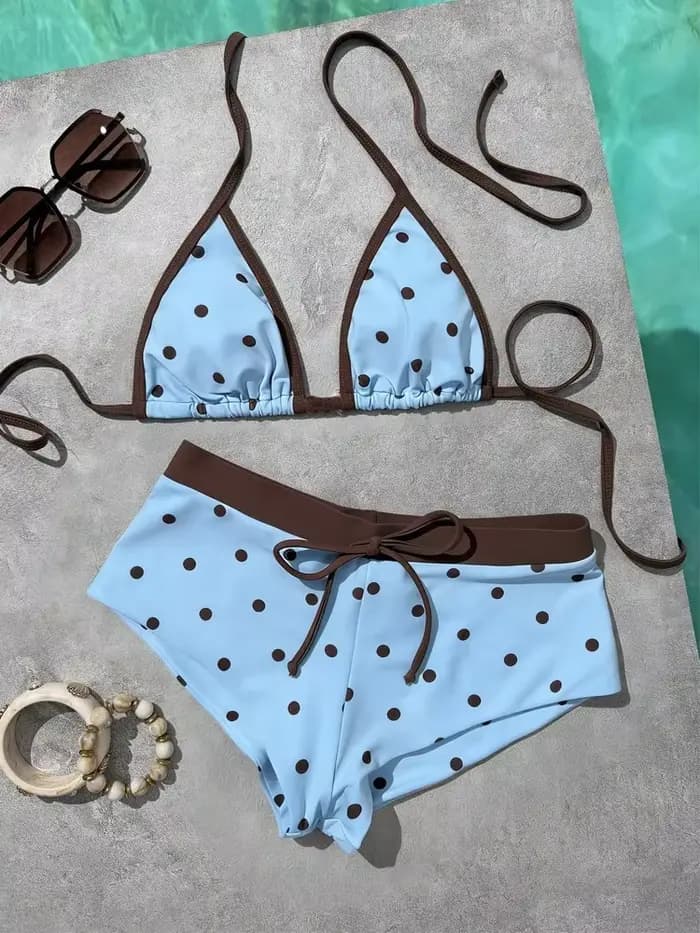 Ensemble de bikini pour femme brésilienne sexy, imprimé à pois, haut triangle exposé au dos et bas de string à fente latérale, maillot de bain deux pièces