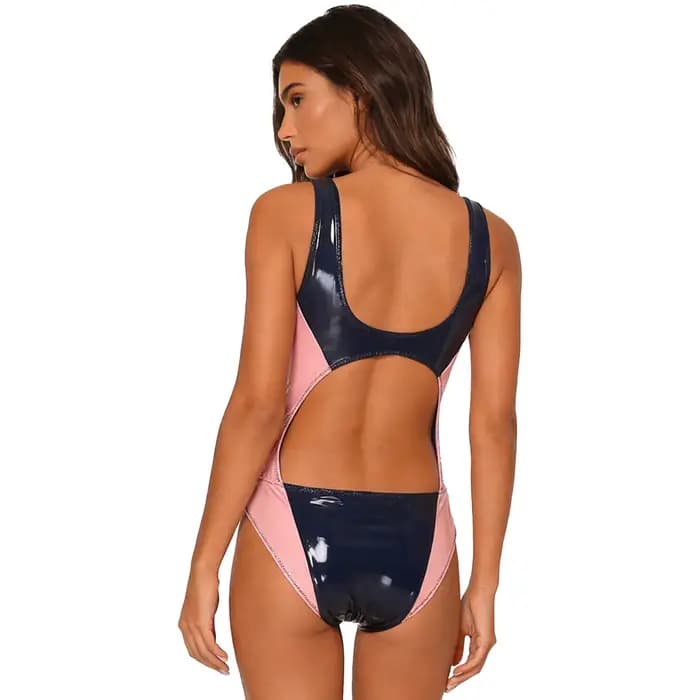 Combinaison de bain moulante en PU effet mouillé pour femme, col rond, sans manches, pour clubbing, raves, fêtes et danse