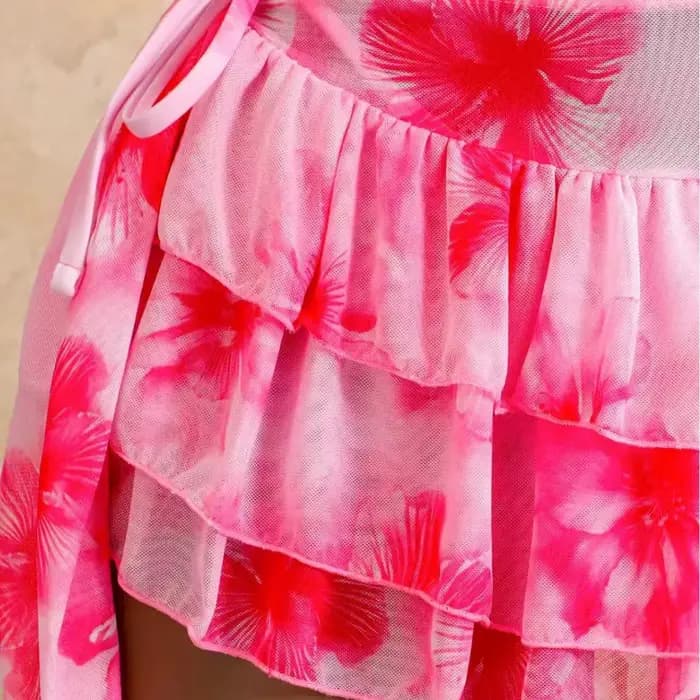 Ensemble bikini 3 pièces pour femme à imprimé hibiscus avec jupe à volants en maille