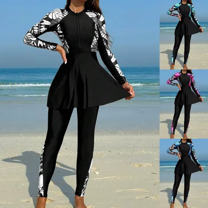 Burkini Femme Maillot de Bain Manches Longues Tunique Noire Legging Complet Fermeture Éclair Avant Protection Solaire Deux Pièces