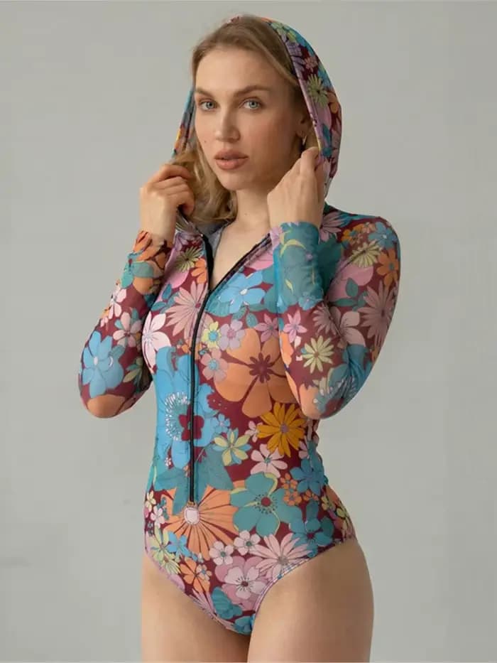 Ensemble bikini en maille avec fermeture éclair, maillot de bain sexy à capuche pour femme, maillot de bain d'été à manches longues, tenue de plage