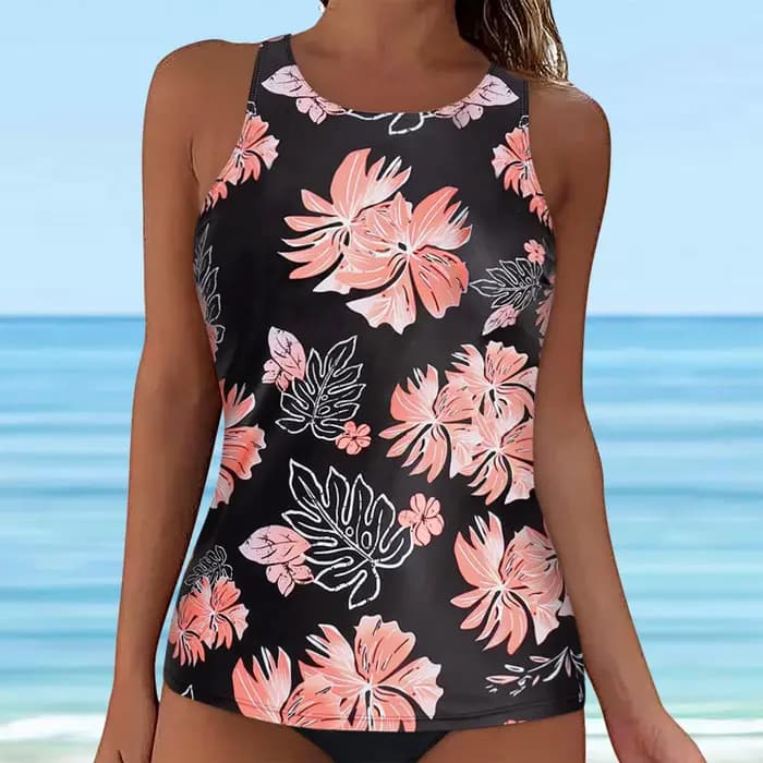 Femmes Tankini maillots de bain hauts été haut de bain maillot de bain mode rayé imprimé fleuri maillot de bain sans manches col rond dos nu Bikini