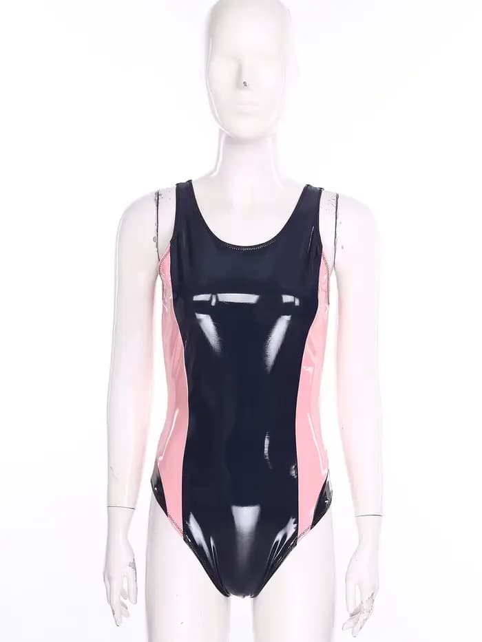 Maillot de bain une pièce en similicuir PU pour femme, col rond, sans manches, coupe haute, effet mouillé, style justaucorps, tenue de plage