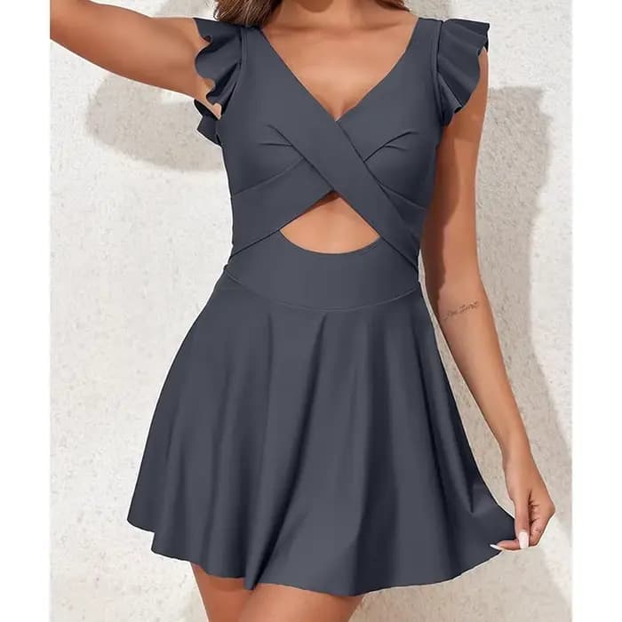Décontracté solide une pièce maillot de bain femmes Sexy col en V croix volants