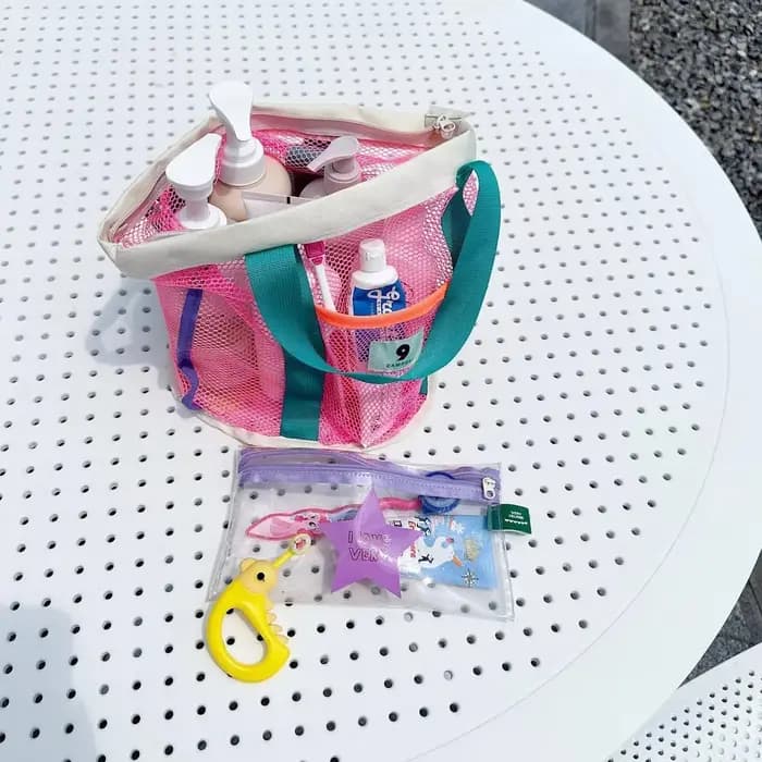 Sac de plage style Ins : Sac de rangement en filet pour voyage en plein air