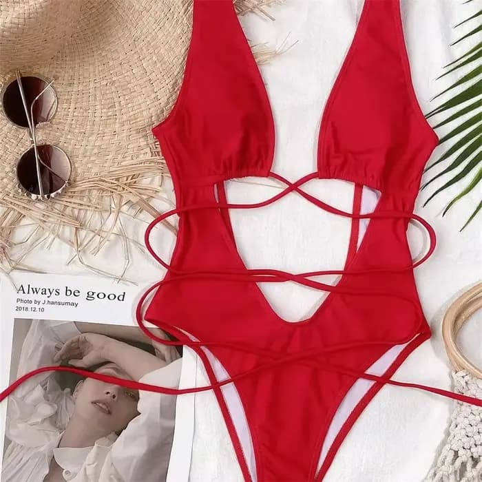 Sexy rouge maillot de bain Micro String Bikini évider dos nu Monokini femmes une pièce vacances maillots