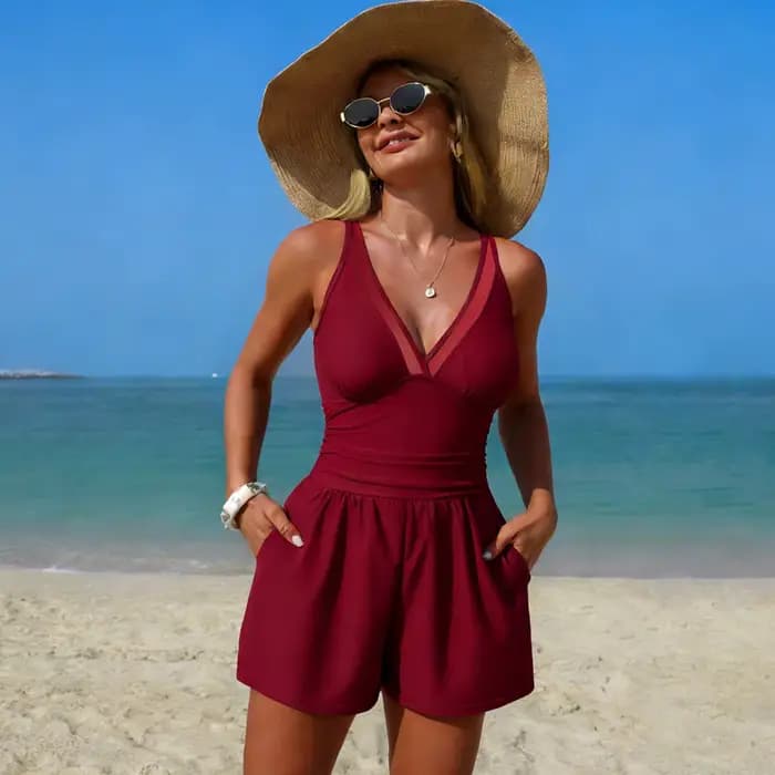 Combinaison de bain une pièce pour femme 2026, couleur unie avec poches, col en V sexy, sans manches, tenue de sport conservatrice pour femme