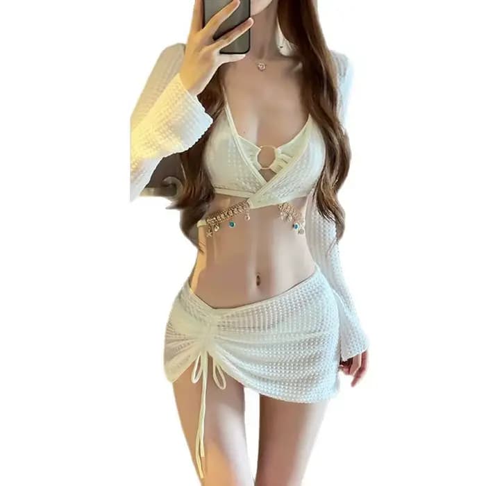 Ensemble Bikini quatre pièces pour femmes, Style jupe fendue à la mode, ajouré, conservateur, trempage de source chaude en bord de mer