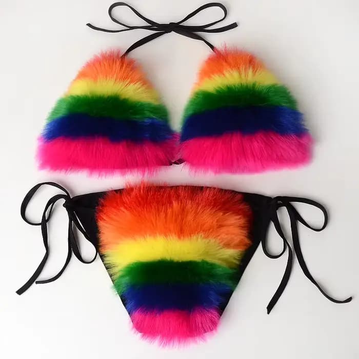 Arc-en-ciel rayé femmes en peluche fourrure Bikinis ensemble maillot de bain sport fausse fourrure de renard deux pièces maillot de bain pour femme soutien-gorge sous-vêtements ensembles maillots de b