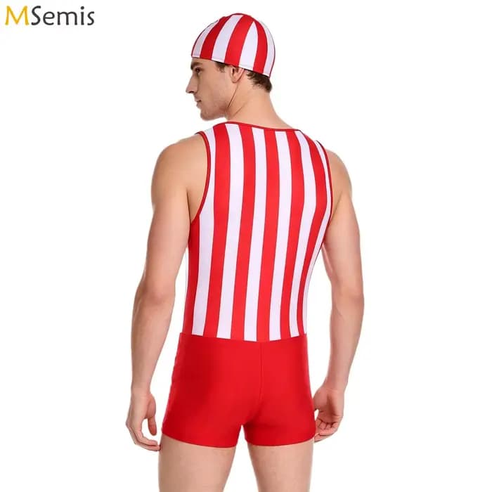 Maillot de bain une pièce pour hommes, à séchage rapide, avec bonnet de bain, décolleté bas, sans manches, rayé, pour la plage et la natation