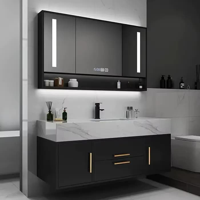 Meuble-lavabo de salle de bain de style européen haut de gamme, armoire noire et blanche de 36 pouces avec lavabo suspendu